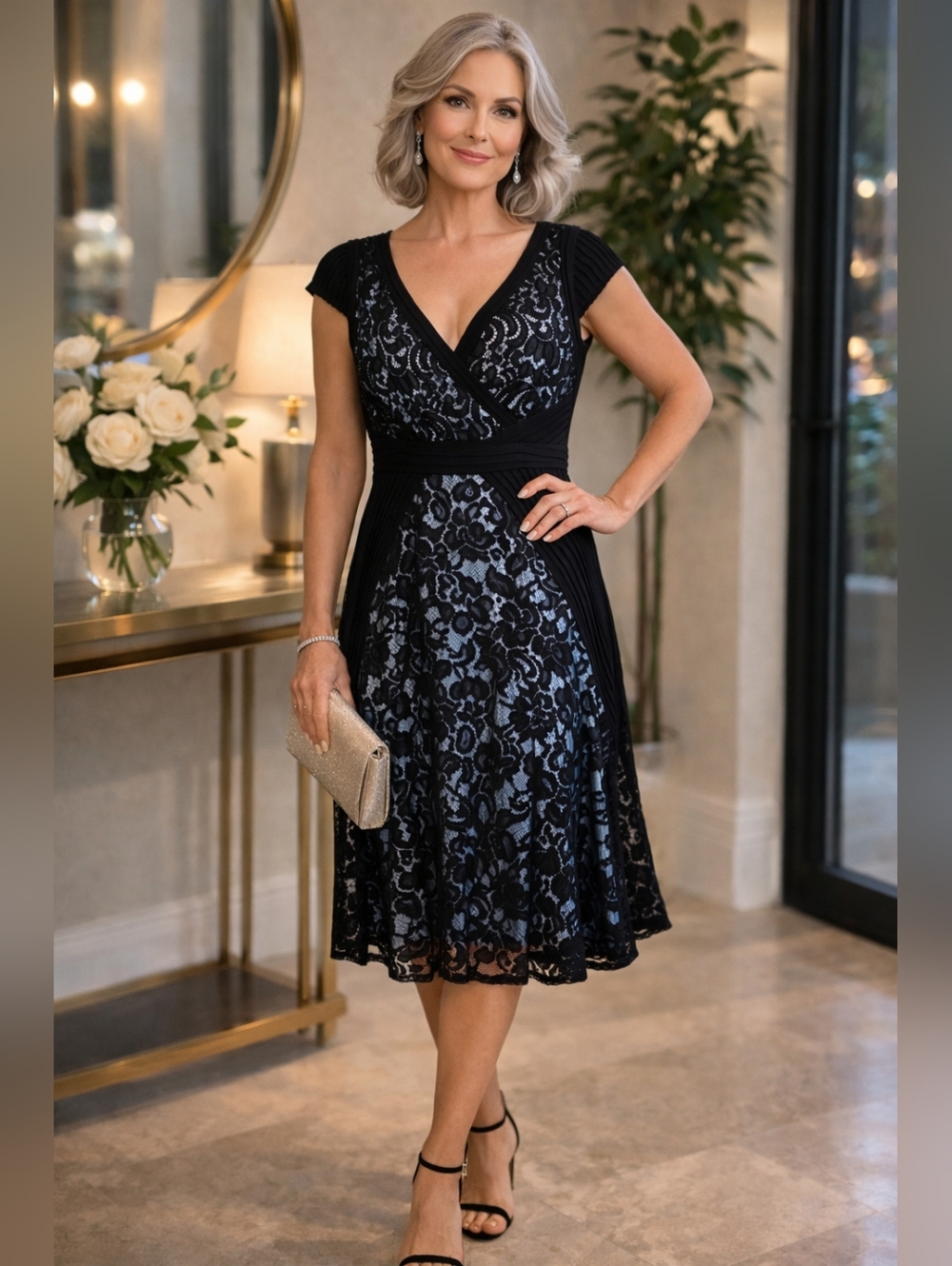Adrianna Papell Black Lace Dress Size 14 | Flattering Fit | Elegant Evening